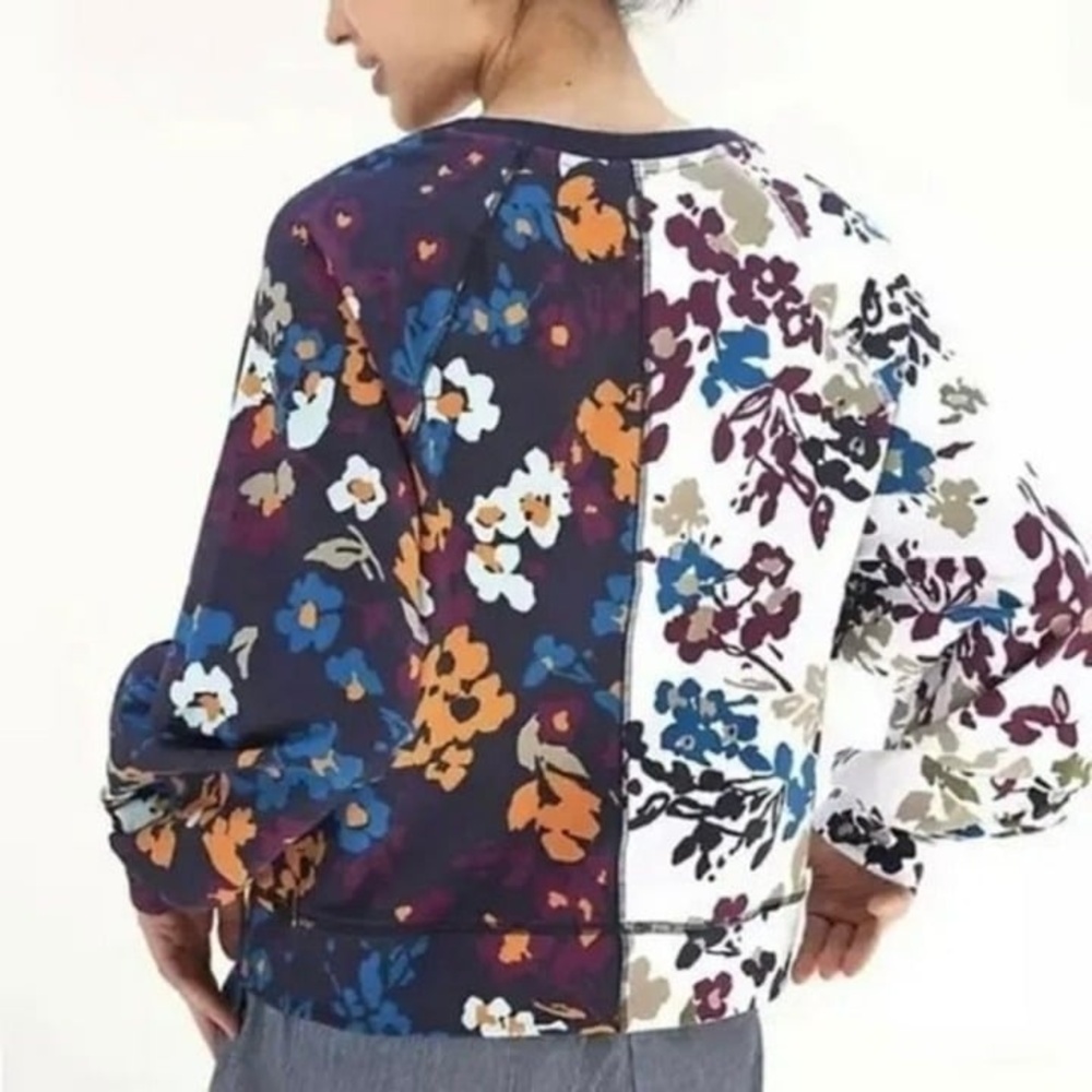 Maeve Anthropologie Color Block Floral Long Puff-Sleeved Crew Neck Sweatshirt L - Picture 8 of 14